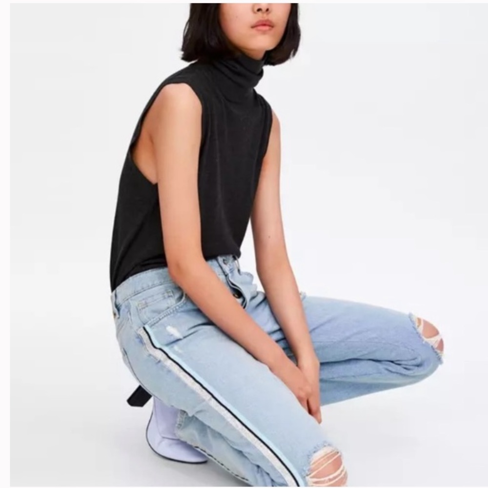 Zara Blue GlitterStripe Distressed Boyfriend Jeans